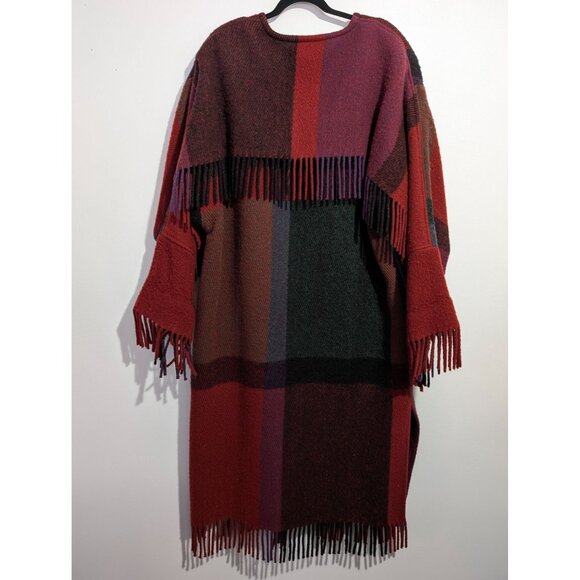 VTG Robben Alexander NY Red Purple Black Wool Plaid Long Fringe Duster Coat Med - Picture 12 of 14